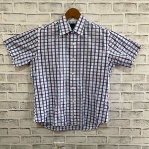 Men’s Tailorbyrd white w/ blue/pink plaid short sleeve button down shirt, Med